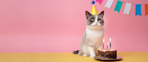 Portrait of cute cat with birthday cake and hat isolated on pink background with big copy space left. Pet birthday celebration concept.