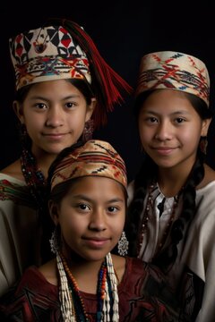 Three Young Native American Girls Wearing Graduation Caps