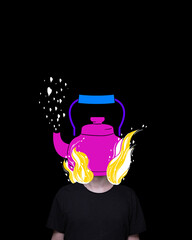 Burn out. Young guy with burning hot kettle instead head. Stress, depression, deadlines....