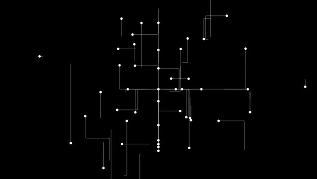 Animation of white dots and lines spreading over black background, electrical conduit pipe, circuit board concept. Overlay video with alpha channel blending option.
