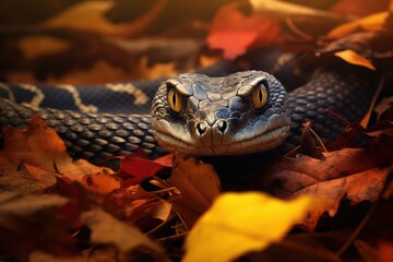 Fototapeta premium hog nosed snake slithering through fall leaves (Generative AI)