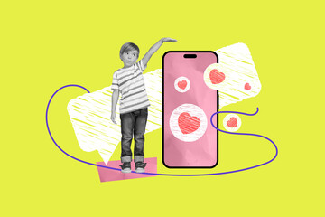 Collage banner advertising small preschool boy demonstrating smartphone template likes notification blogging isolated on green background