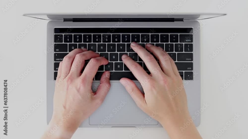Poster busy hands typing on laptop keyboard. computer hardware and software