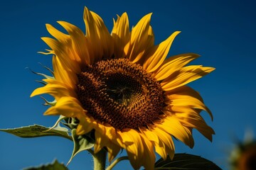 A vibrant sunflower with a bee gathering nectar
