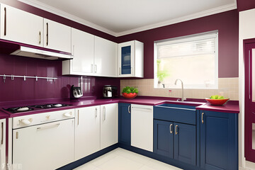 Fototapeta premium Luxury modern kitchen interior maroon and blue accents