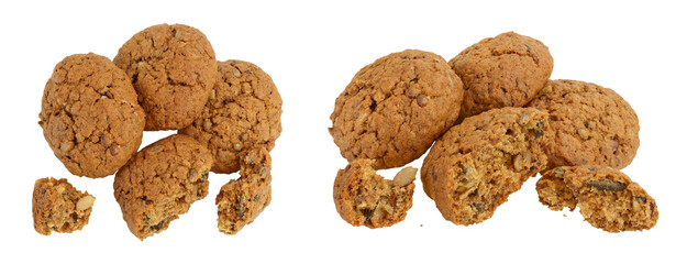 oatmeal cookies with flax, pumpkin and sunflower seeds isolated on white background with full depth of field. Top view. Flat lay