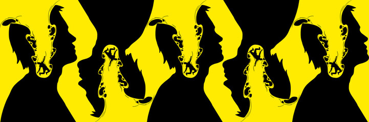 Abstract design with male face silhouette over bright yellow background. Psychological problems. Contemporary art collage. Concept of mental health, psychology, inner world, surrealism, ad