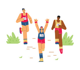 Diverse people running marathon, flat vector illustration isolated on white background.