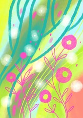 Abstract Colors and Flowers Digital Illustration Creating a Summer Mood. Vertical Textured Wallpaper for Printing, Artistic Decoration, Wall Arts, Printing on Fabrics, Bags, Shirts. 