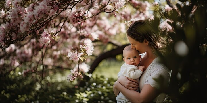 loving mother holding her baby in her ams under flowering trees (Generative AI)