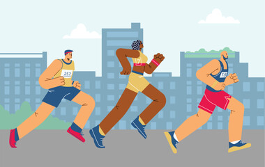 Marathon runners on cityscape, athletes group in motion vector flat illustration, sport and fitness cartoon characters
