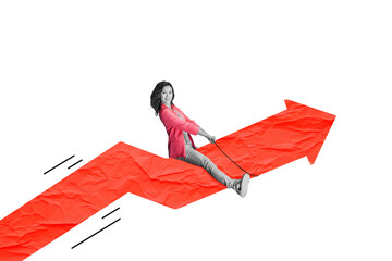 Concept of financial growth. Art collage. Launch of a red Arrow up stock exchange with a smiling business woman isolated on free PNG Background. Business vision concept.
