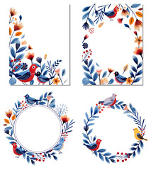Obraz premium Set of frames with birds in ethnic style. Birds and leaves for your design, template. Greeting card, border.