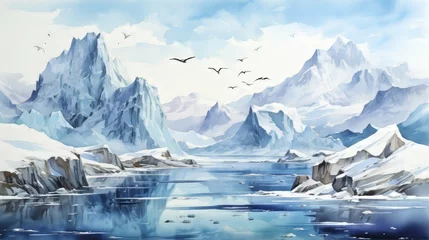 Crédence de cuisine en verre imprimé Blanche Snowy landscape with glaciers in arctic waters. Incredible scenery of snowy mountains and a clear blue lake. Generative AI