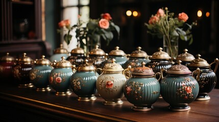 A collection of antique teapots and teacups, placed on various surfaces in a vintage - styled room,