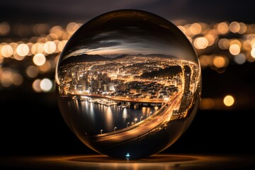 transparent glass ball reflecting a city night scene (Generative AI)