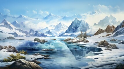 Fototapeta na wymiar Snowy landscape with glaciers in arctic waters. Incredible scenery of snowy mountains and a clear blue lake. Generative AI