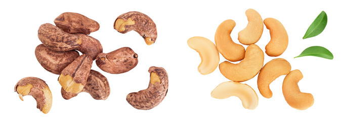 cashew nuts heap with shell isolated on white background. Top view. Flat lay