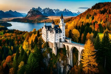 Beautiful aerial view of Neuschwanstein castle in autumn season. Palace situated in Bavaria, Germany. Neuschwanstein castle one of the most popular palace and travel destination in Europe and world.