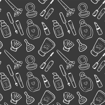 Seamless black and white pattern with cosmetics and accessories. Hand drawn vector cosmetic doodles