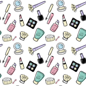 Seamless pattern with cosmetics and accessories. Hand drawn make up, cosmetic doodles, vector background