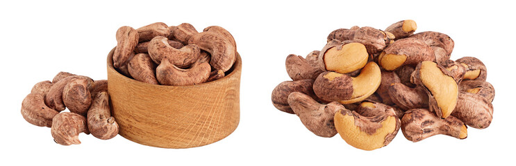 cashew nuts heap with shell in wooden bowl isolated on white background