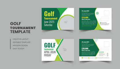 Golf tournament postcard template with sports club game event invite card design layout
