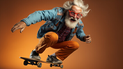 Old man active lifestyle playing extreme sport skateboard enjoy jumping on isolated background.