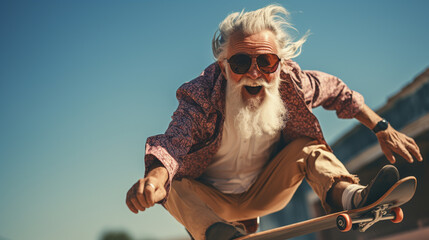 Old man active lifestyle playing extreme sport skateboard enjoy jumping in park. - obrazy, fototapety, plakaty