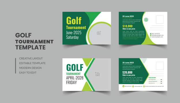Golf tournament postcard template with sports club game event invite card design layout