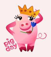 Pig Day. Cute pig with a crown and flower in mouth. Vector isolated illustration.