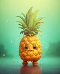 Cute smiling pineapple cartoon style, under water drops.