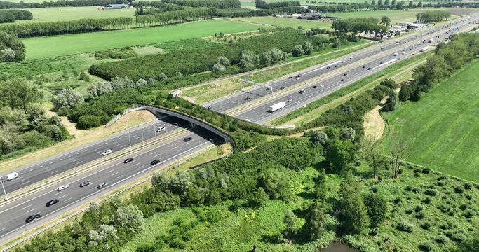 Aerial drone views of Ecoduct Authena, a wildlife passage infrastructure over a national highway