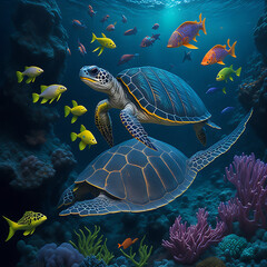 Turtle with group of colorful fish and sea animals with colorful coral underwater in ocean. Ai Generated