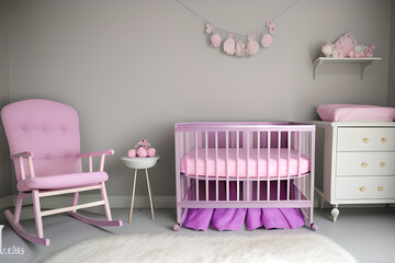 Baby nursery room with pink rocking chair and cabinet