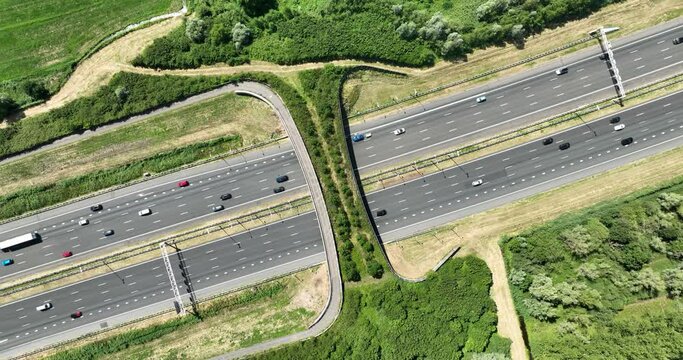 Aerial drone views of Ecoduct Authena, a wildlife passage infrastructure over a national highway