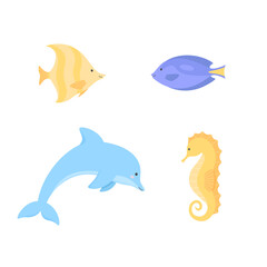 Set of cartoon sea animals. Dolphin, fish, seahorse. Vector illustration.
