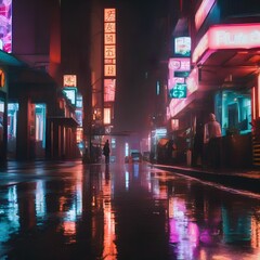 Fototapeta na wymiar A rain-soaked city street with reflections of neon lights, evoking a feeling of urban mystery and ambiance4