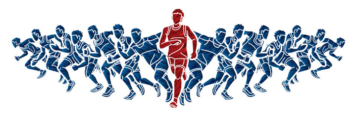 Fototapeta na wymiar Group of People Running Men Mix Action Runner Together Cartoon Sport Graphic Vector