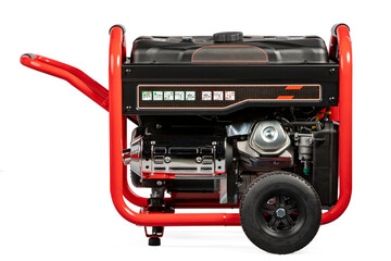 Portable red electric generator isolated on white for backup energy