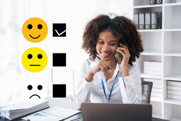 Fototapeta Happy Client customer experience concept. Woman recording phone inquiry with checkboxes, smiling face rating excellent for satisfaction survey. obraz