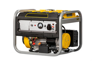 Portable yellow electric generator isolated on white for backup energy