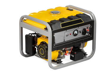 Portable yellow electric generator isolated on white for backup energy