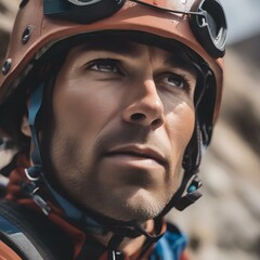 A close-up of a rock climber's determined face as they conquer a challenging peak, displaying resilience and focus1
