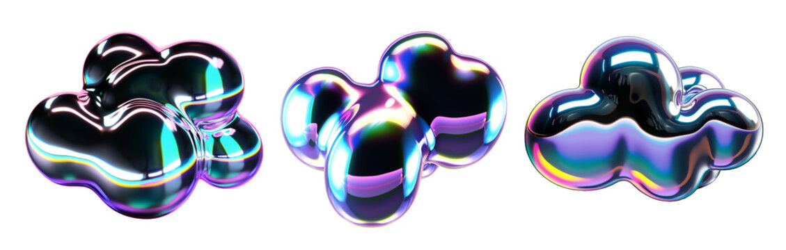 Bold holographic liquid metal blob shapes set isolated. Iridescent chrome melted bubble drops on transparent background png. Ai generated	

