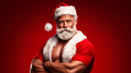 Sexy and muscular Santa Claus on red background showing his muscles. christmas holidays. portrait of sexy strong santa claus wearing hat. Generative ai