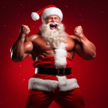 Sexy and muscular Santa Claus on red background showing his muscles. christmas holidays. portrait of sexy strong santa claus wearing hat. Generative ai