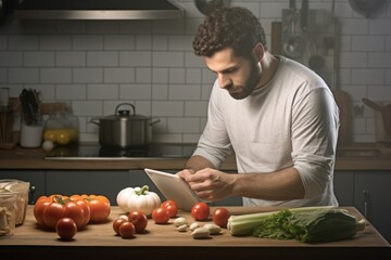 Fototapeta premium A man watching a cooking tutorial on his tablet while preparing a meal