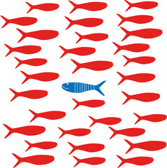 red fishies swimming and one fish blue in the center swimming in the opposite way