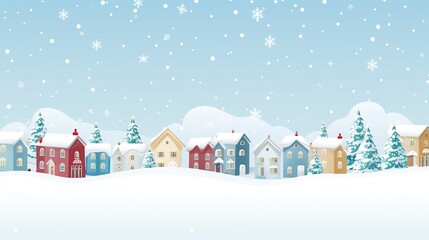 Winter city in retro style. Christmas background with houses, Christmas tree, snowman. Cozy town in a flat style with lettering merry Christmas. - obrazy, fototapety, plakaty